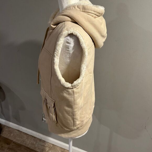 Vintage Y2K Gap Faux Fur Lined Hoodie Vest Cream Beige Womens Medium - Picture 3 of 11